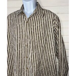 TOMMY BAHAMA Sz XL Dress Shirt Brown Damask Floral Stripe Cotton Silk Men's